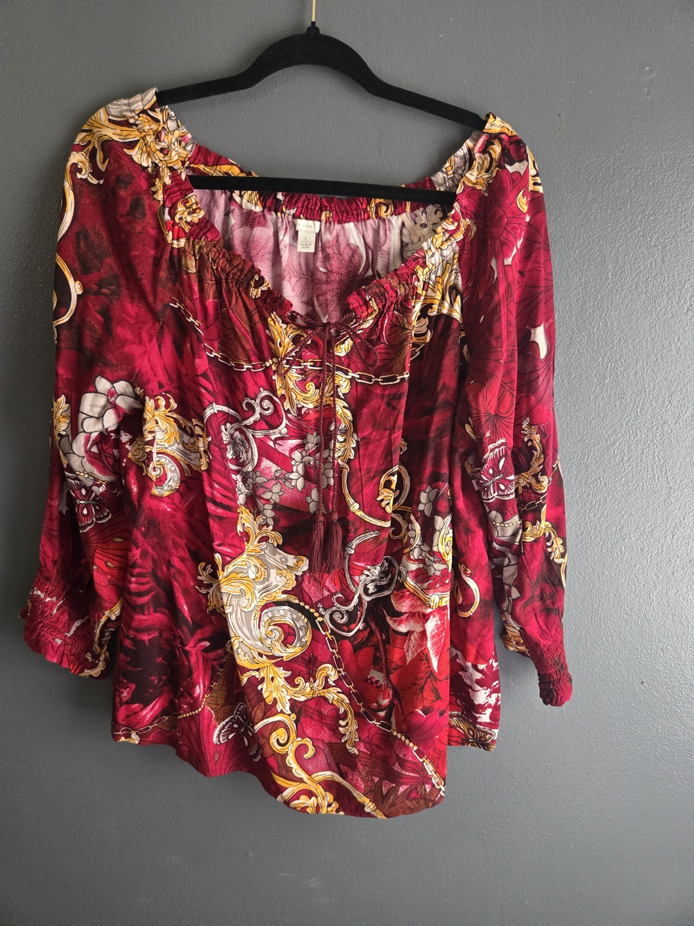 Burgundy and Gold Paisley Baroque Off the Shoulder Smocked Sleeve Blouse Large